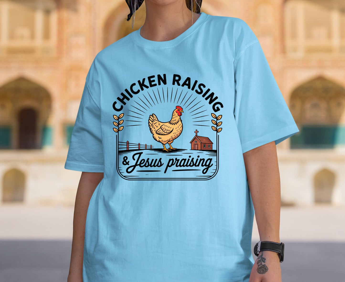 Chicken Raising & Jesus Praising T Shirt Christian Farm Tee Hen Faith Shirt Adult Youth Toddler Baby Religious Gift Chicken Mama Farmhouse