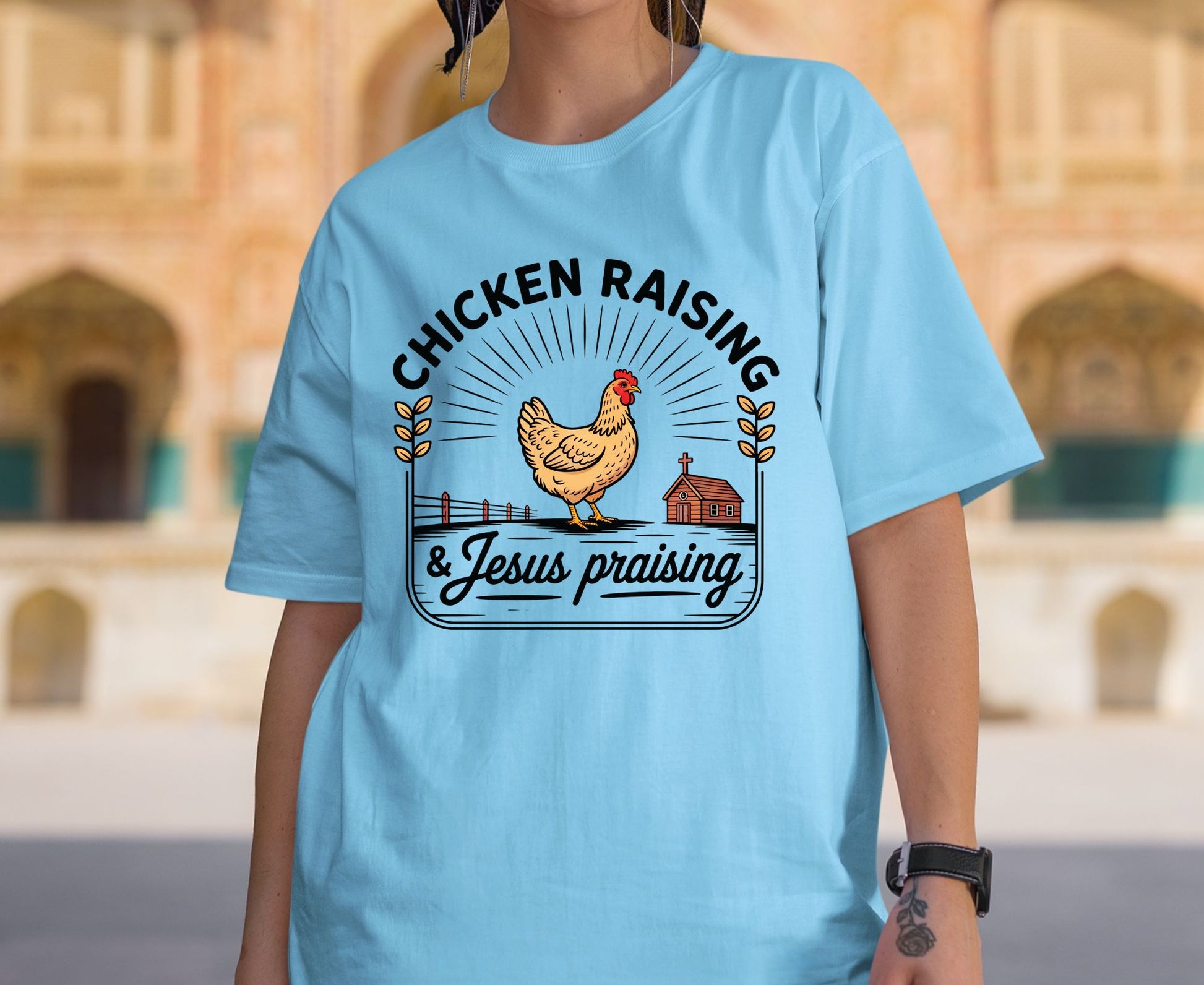 Chicken Raising & Jesus Praising T Shirt Christian Farm Tee Hen Faith Shirt Adult Youth Toddler Baby Religious Gift Chicken Mama Farmhouse