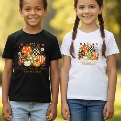 Christian Autumn Pumpkin Comfort Colors T Shirts I Will Praise Him In Every Season Tee Patterned Fall Floral Shirt Religious Faith Graphic Hoodie