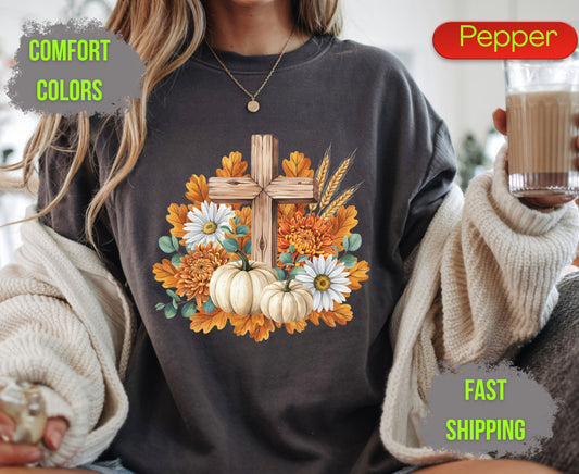 Christian Fall Pumpkin Comfort Colors T Shirts Floral Wooden Cross Tee Thanksgiving Autumn Flowers Shirt Faith Religious Holiday Gifts