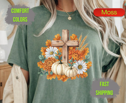 Christian Fall Pumpkin Comfort Colors T Shirts Floral Wooden Cross Tee Thanksgiving Autumn Flowers Shirt Faith Religious Holiday Gifts