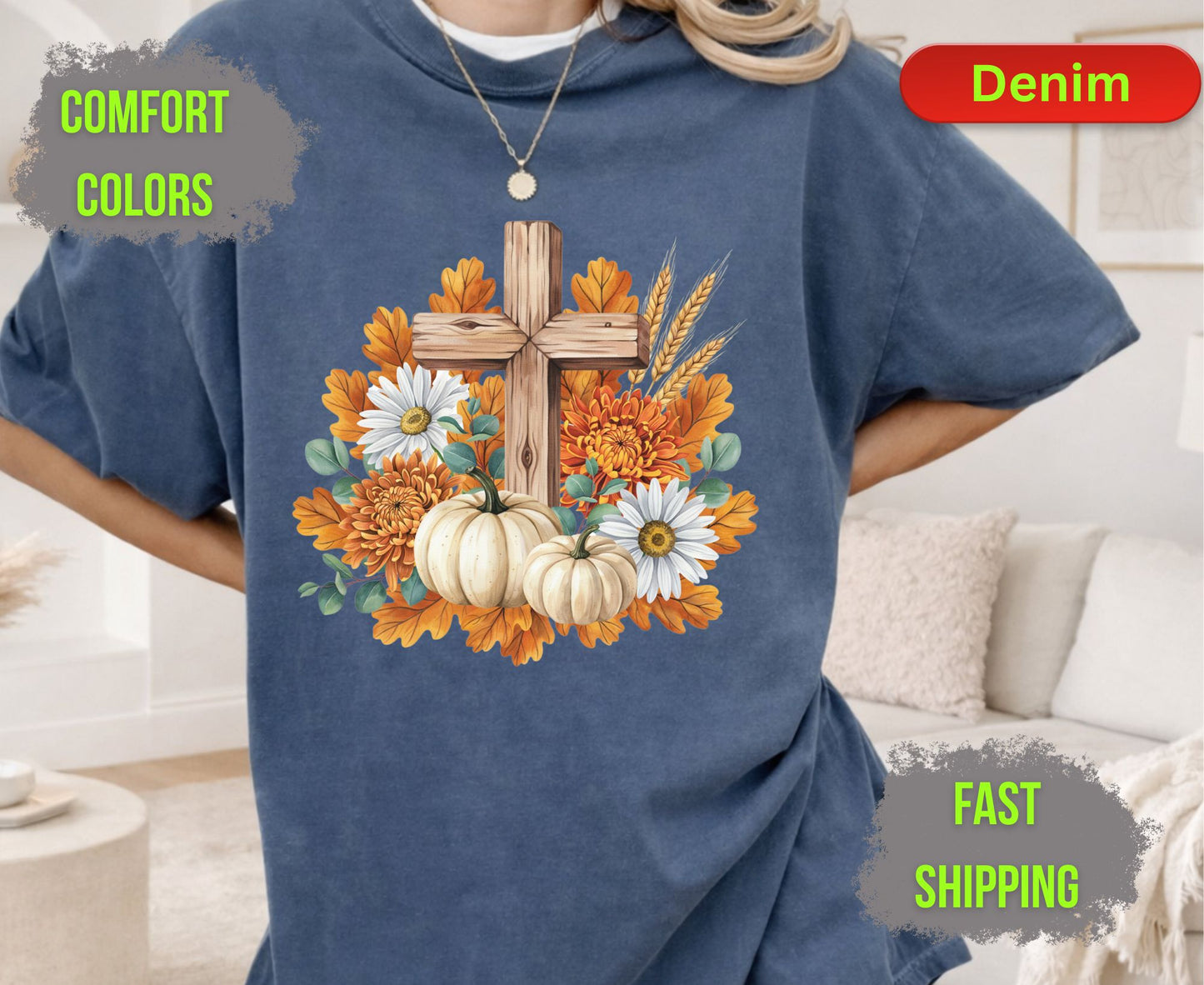 Christian Fall Pumpkin Comfort Colors T Shirts Floral Wooden Cross Tee Thanksgiving Autumn Flowers Shirt Faith Religious Holiday Gifts