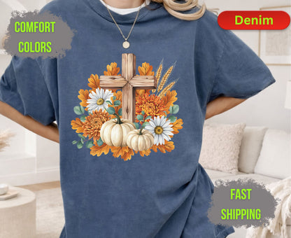 Christian Fall Pumpkin Comfort Colors T Shirts Floral Wooden Cross Tee Thanksgiving Autumn Flowers Shirt Faith Religious Holiday Gifts
