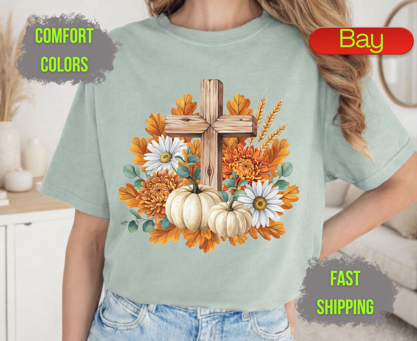 Christian Fall Pumpkin Comfort Colors T Shirts Floral Wooden Cross Tee Thanksgiving Autumn Flowers Shirt Faith Religious Holiday Gifts