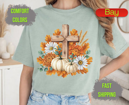 Christian Fall Pumpkin Comfort Colors T Shirts Floral Wooden Cross Tee Thanksgiving Autumn Flowers Shirt Faith Religious Holiday Gifts