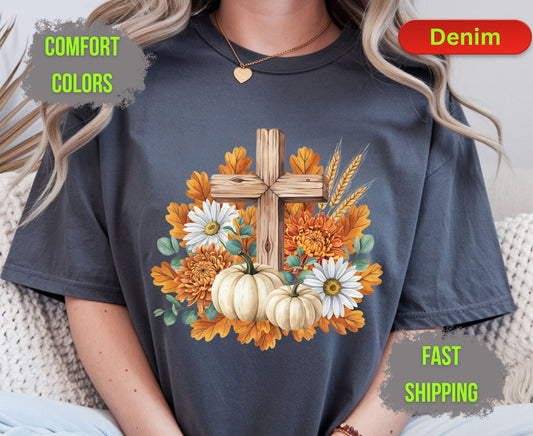 Christian Fall Pumpkin Comfort Colors T Shirts Floral Wooden Cross Tee Thanksgiving Autumn Flowers Shirt Faith Religious Holiday Gifts