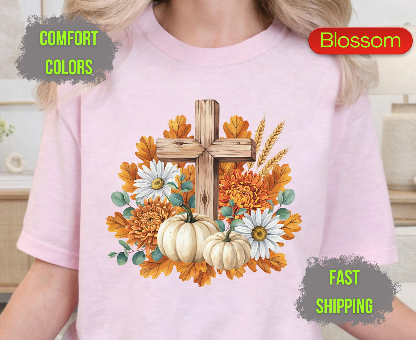 Christian Fall Pumpkin Comfort Colors T Shirts Floral Wooden Cross Tee Thanksgiving Autumn Flowers Shirt Faith Religious Holiday Gifts