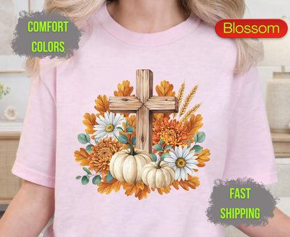 Christian Fall Pumpkin Comfort Colors T Shirts Floral Wooden Cross Tee Thanksgiving Autumn Flowers Shirt Faith Religious Holiday Gifts