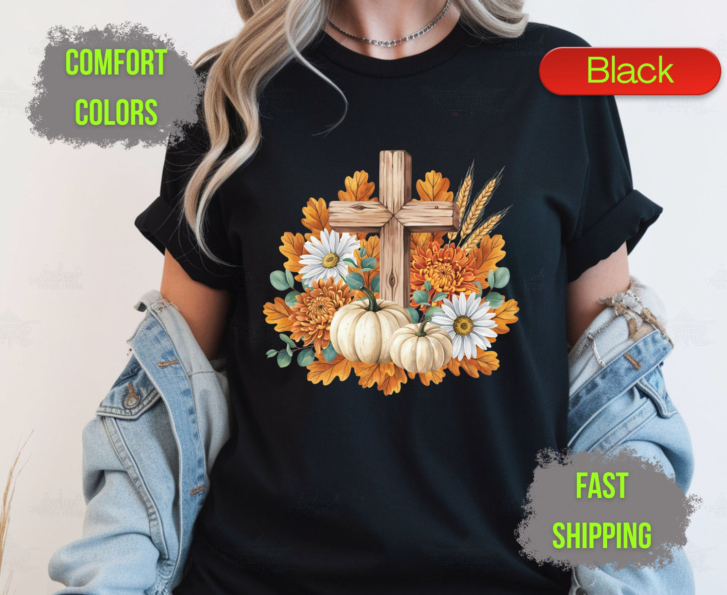 Christian Fall Pumpkin Comfort Colors T Shirts Floral Wooden Cross Tee Thanksgiving Autumn Flowers Shirt Faith Religious Holiday Gifts