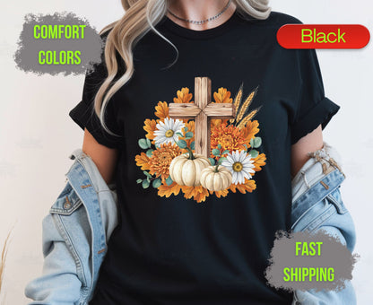 Christian Fall Pumpkin Comfort Colors T Shirts Floral Wooden Cross Tee Thanksgiving Autumn Flowers Shirt Faith Religious Holiday Gifts