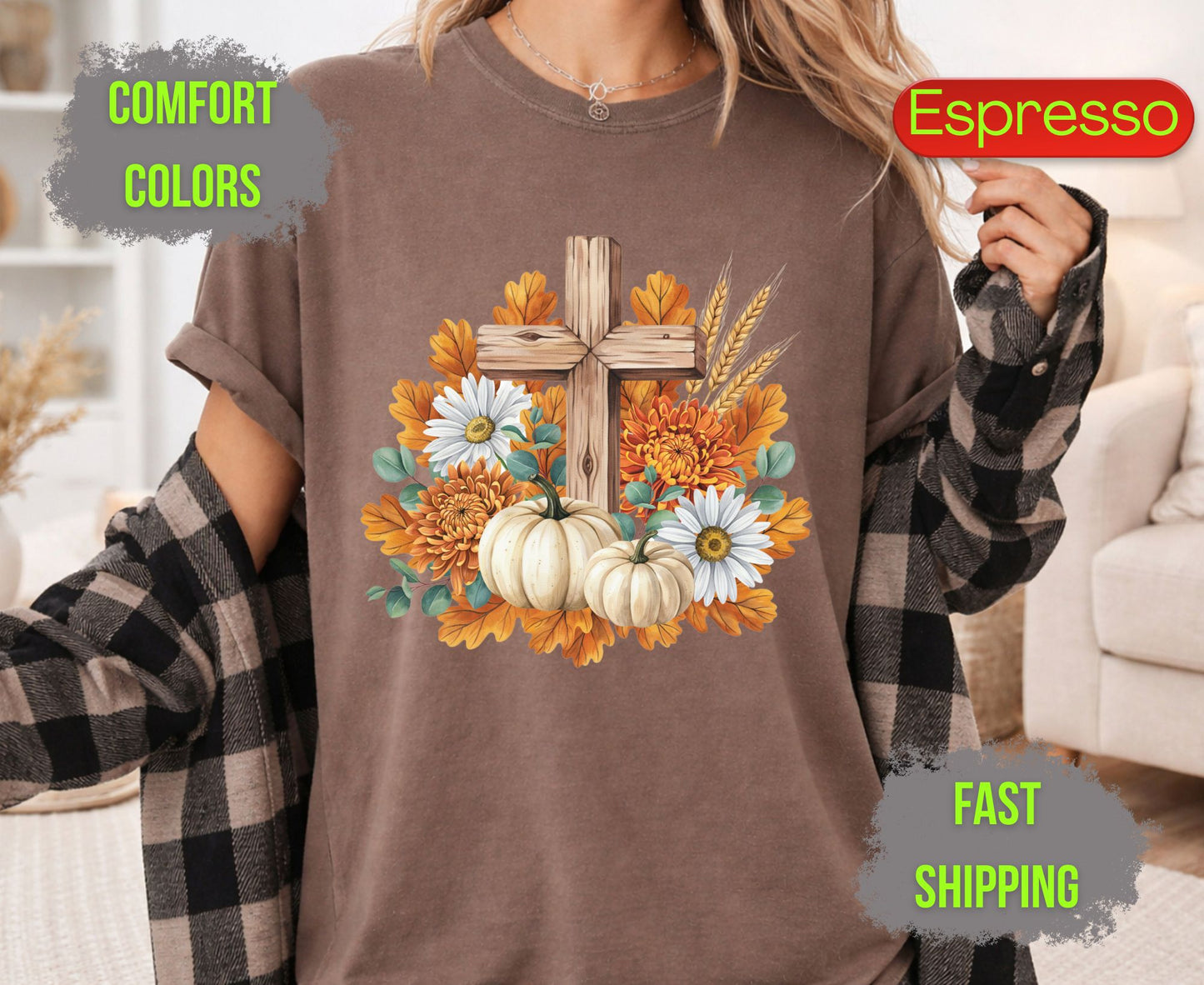 Christian Fall Pumpkin Comfort Colors T Shirts Floral Wooden Cross Tee Thanksgiving Autumn Flowers Shirt Faith Religious Holiday Gifts