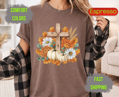 Christian Fall Pumpkin Comfort Colors T Shirts Floral Wooden Cross Tee Thanksgiving Autumn Flowers Shirt Faith Religious Holiday Gifts