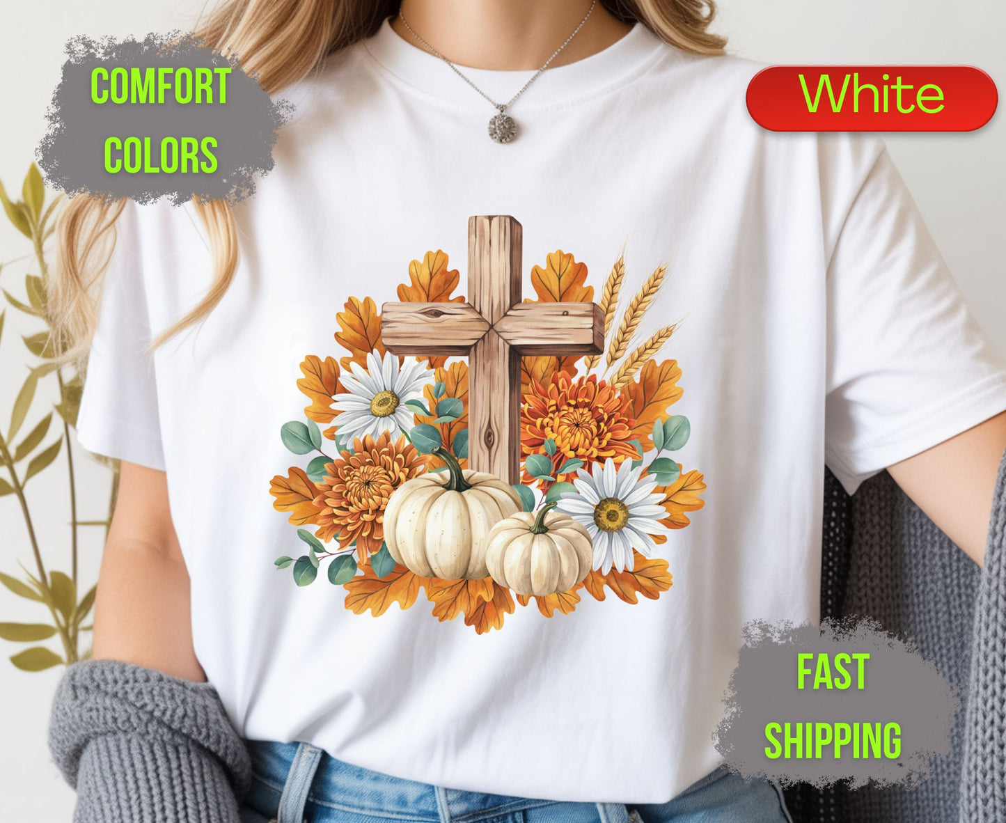 Christian Fall Pumpkin Comfort Colors T Shirts Floral Wooden Cross Tee Thanksgiving Autumn Flowers Shirt Faith Religious Holiday Gifts