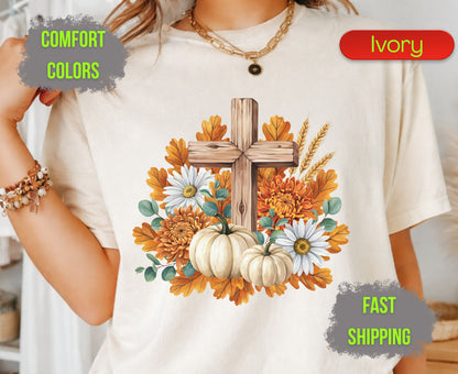 Christian Fall Pumpkin Comfort Colors T Shirts Floral Wooden Cross Tee Thanksgiving Autumn Flowers Shirt Faith Religious Holiday Gifts