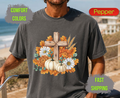 Christian Fall Pumpkin Comfort Colors T Shirts Floral Wooden Cross Tee Thanksgiving Autumn Flowers Shirt Faith Religious Holiday Gifts