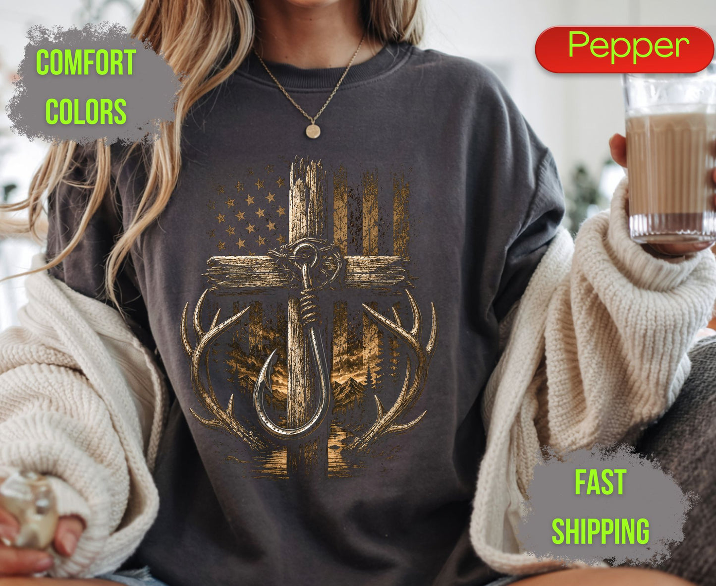 Christian Hunting Fishing Comfort Colors T Shirts Deer Antler Tee Patriotic Fish Hook Cross Distressed American Flag Outdoorsman Gifts