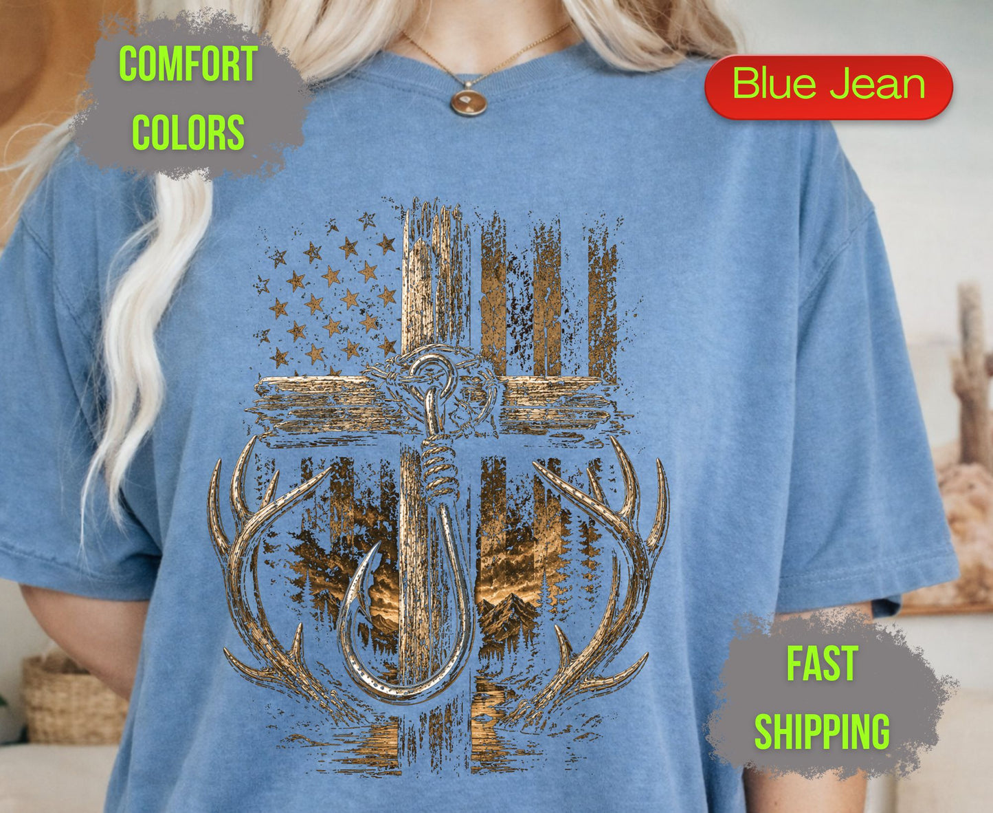 Christian Hunting Fishing Comfort Colors T Shirts Deer Antler Tee Patriotic Fish Hook Cross Distressed American Flag Outdoorsman Gifts