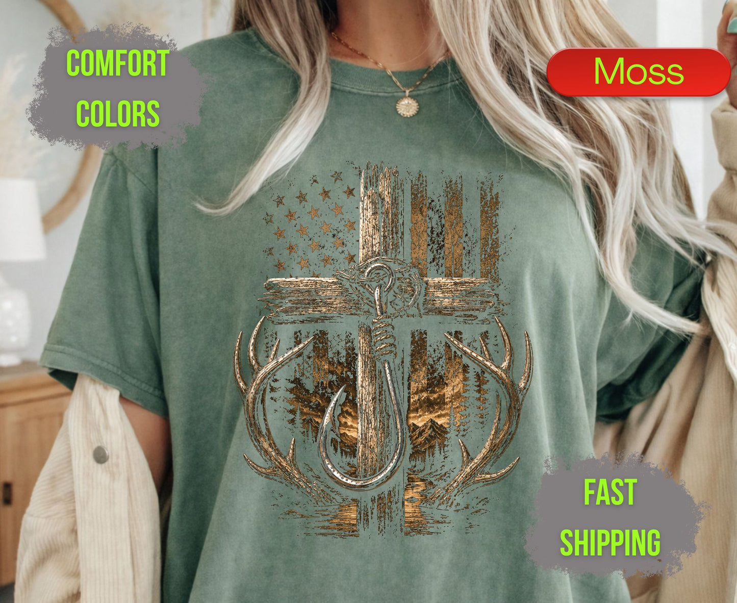 Christian Hunting Fishing Comfort Colors T Shirts Deer Antler Tee Patriotic Fish Hook Cross Distressed American Flag Outdoorsman Gifts
