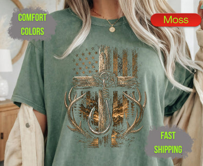 Christian Hunting Fishing Comfort Colors T Shirts Deer Antler Tee Patriotic Fish Hook Cross Distressed American Flag Outdoorsman Gifts