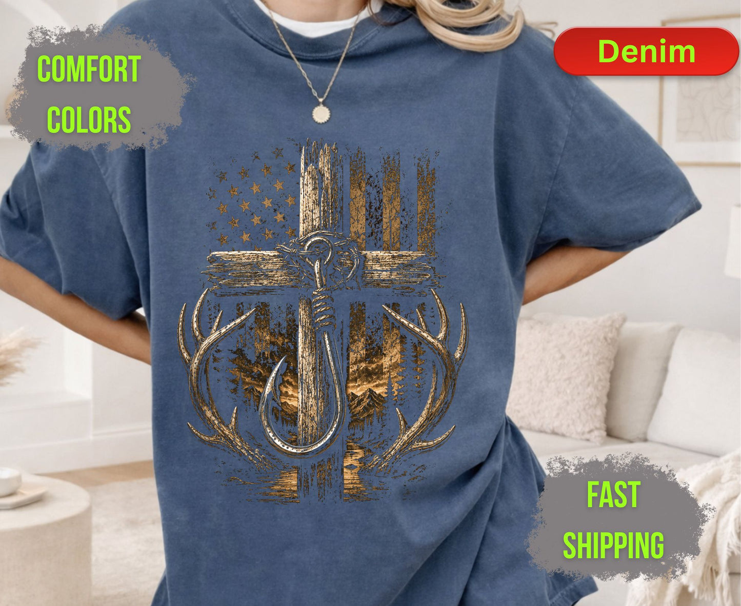 Christian Hunting Fishing Comfort Colors T Shirts Deer Antler Tee Patriotic Fish Hook Cross Distressed American Flag Outdoorsman Gifts
