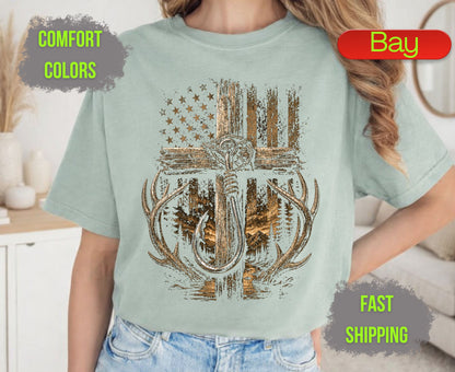 Christian Hunting Fishing Comfort Colors T Shirts Deer Antler Tee Patriotic Fish Hook Cross Distressed American Flag Outdoorsman Gifts