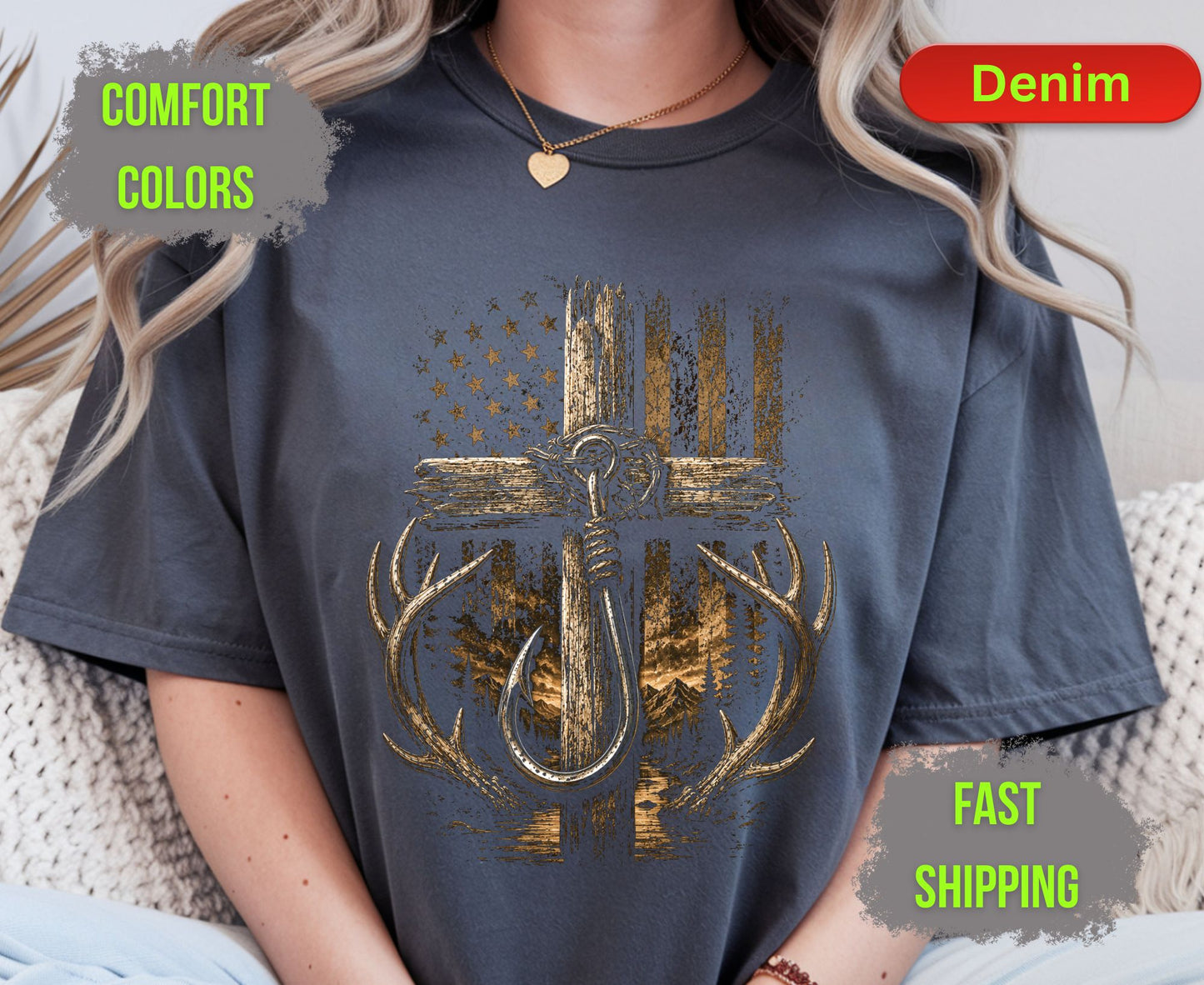 Christian Hunting Fishing Comfort Colors T Shirts Deer Antler Tee Patriotic Fish Hook Cross Distressed American Flag Outdoorsman Gifts
