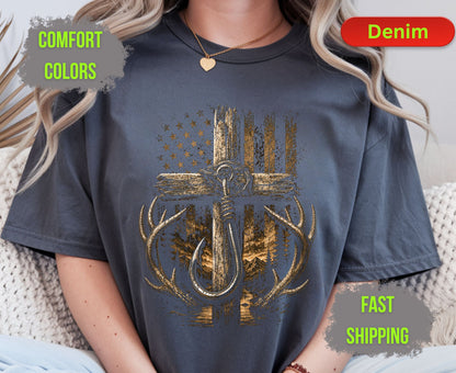 Christian Hunting Fishing Comfort Colors T Shirts Deer Antler Tee Patriotic Fish Hook Cross Distressed American Flag Outdoorsman Gifts