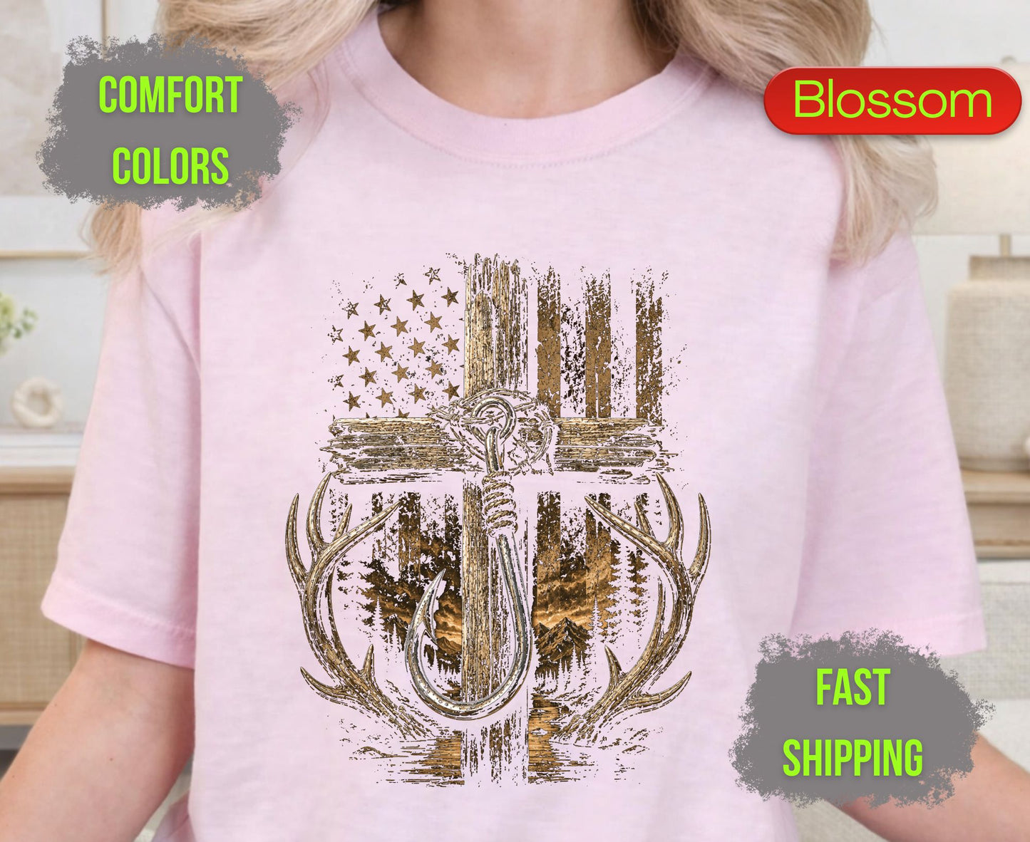 Christian Hunting Fishing Comfort Colors T Shirts Deer Antler Tee Patriotic Fish Hook Cross Distressed American Flag Outdoorsman Gifts