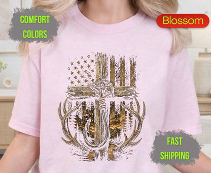 Christian Hunting Fishing Comfort Colors T Shirts Deer Antler Tee Patriotic Fish Hook Cross Distressed American Flag Outdoorsman Gifts
