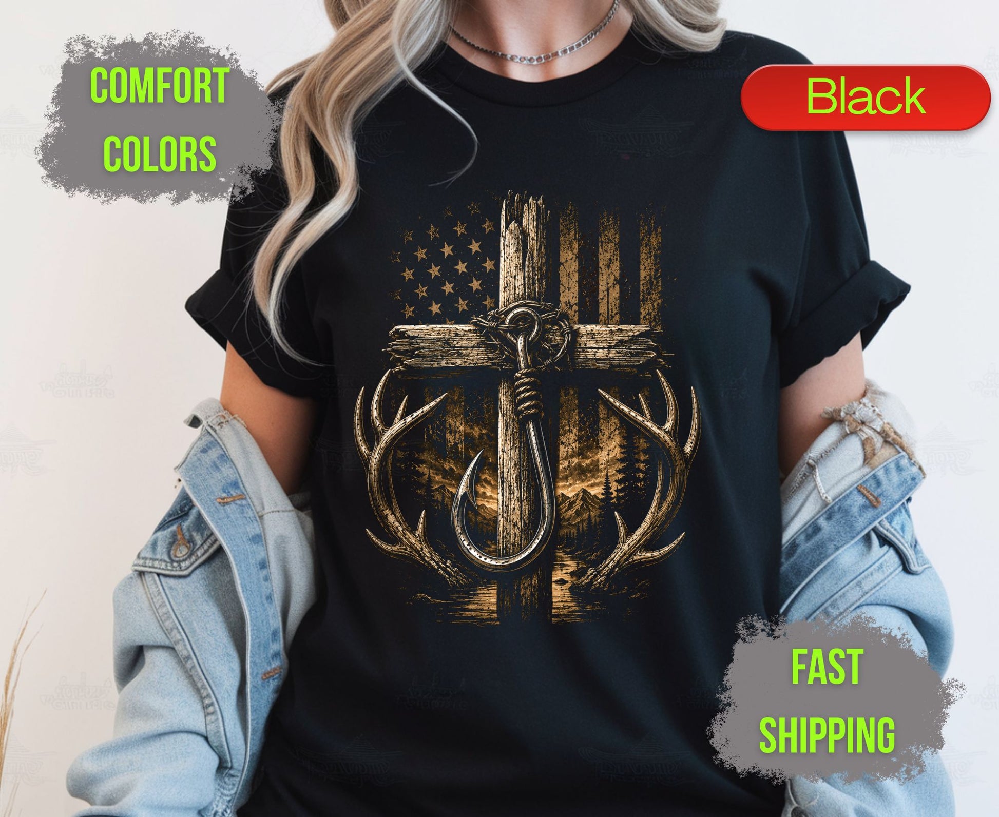 Christian Hunting Fishing Comfort Colors T Shirts Deer Antler Tee Patriotic Fish Hook Cross Distressed American Flag Outdoorsman Gifts
