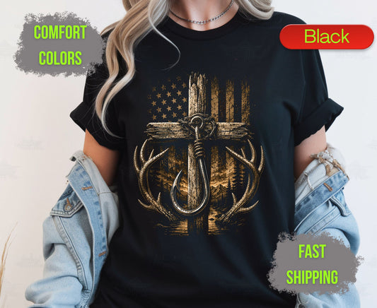 Christian Hunting Fishing Comfort Colors T Shirts Deer Antler Tee Patriotic Fish Hook Cross Distressed American Flag Outdoorsman Gifts
