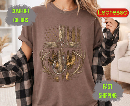 Christian Hunting Fishing Comfort Colors T Shirts Deer Antler Tee Patriotic Fish Hook Cross Distressed American Flag Outdoorsman Gifts