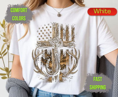 Christian Hunting Fishing Comfort Colors T Shirts Deer Antler Tee Patriotic Fish Hook Cross Distressed American Flag Outdoorsman Gifts