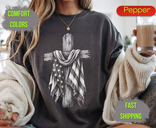 Christian Patriotic Cross Comfort Colors T Shirts Distressed American Flag Tee Shabby Chic Wooden Cross Shirt Fourth of July Veterans Gifts