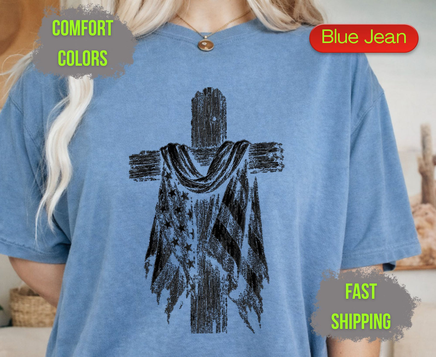 Christian Patriotic Cross Comfort Colors T Shirts Distressed American Flag Tee Shabby Chic Wooden Cross Shirt Fourth of July Veterans Gifts