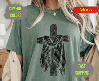 Christian Patriotic Cross Comfort Colors T Shirts Distressed American Flag Tee Shabby Chic Wooden Cross Shirt Fourth of July Veterans Gifts