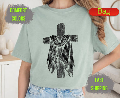 Christian Patriotic Cross Comfort Colors T Shirts Distressed American Flag Tee Shabby Chic Wooden Cross Shirt Fourth of July Veterans Gifts