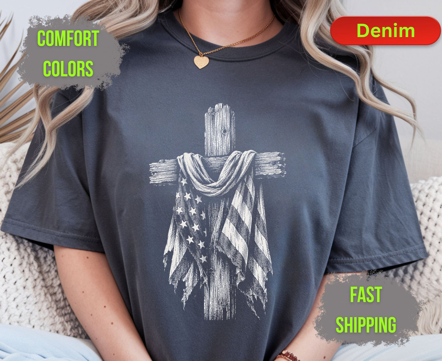 Christian Patriotic Cross Comfort Colors T Shirts Distressed American Flag Tee Shabby Chic Wooden Cross Shirt Fourth of July Veterans Gifts