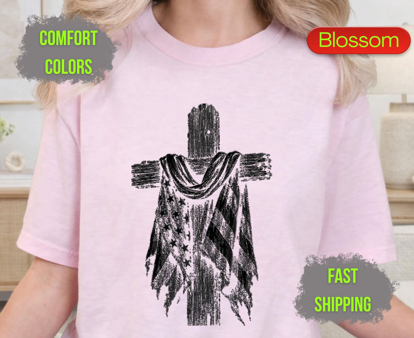 Christian Patriotic Cross Comfort Colors T Shirts Distressed American Flag Tee Shabby Chic Wooden Cross Shirt Fourth of July Veterans Gifts