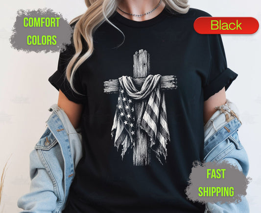 Christian Patriotic Cross Comfort Colors T Shirts Distressed American Flag Tee Shabby Chic Wooden Cross Shirt Fourth of July Veterans Gifts