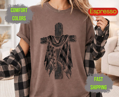 Christian Patriotic Cross Comfort Colors T Shirts Distressed American Flag Tee Shabby Chic Wooden Cross Shirt Fourth of July Veterans Gifts