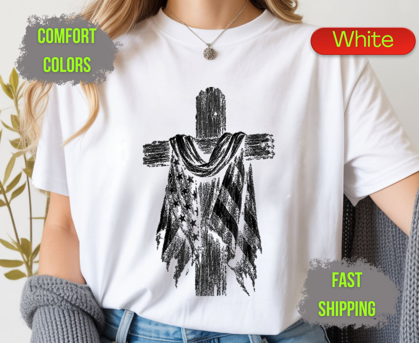 Christian Patriotic Cross Comfort Colors T Shirts Distressed American Flag Tee Shabby Chic Wooden Cross Shirt Fourth of July Veterans Gifts
