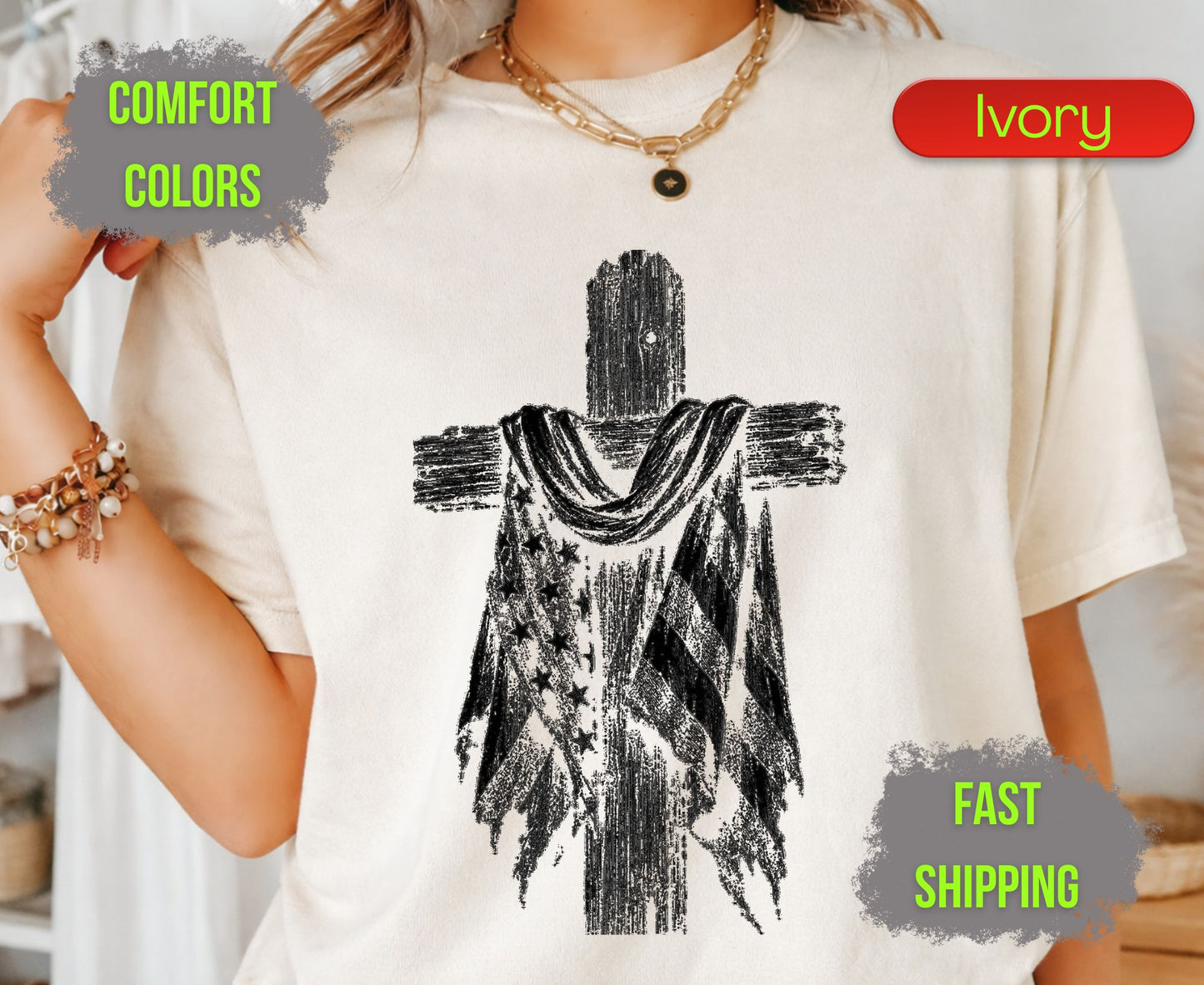 Christian Patriotic Cross Comfort Colors T Shirts Distressed American Flag Tee Shabby Chic Wooden Cross Shirt Fourth of July Veterans Gifts