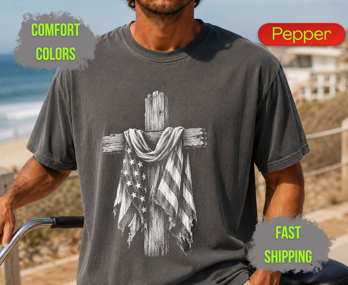 Christian Patriotic Cross Comfort Colors T Shirts Distressed American Flag Tee Shabby Chic Wooden Cross Shirt Fourth of July Veterans Gifts