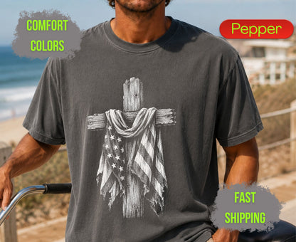 Christian Patriotic Cross Comfort Colors T Shirts Distressed American Flag Tee Shabby Chic Wooden Cross Shirt Fourth of July Veterans Gifts