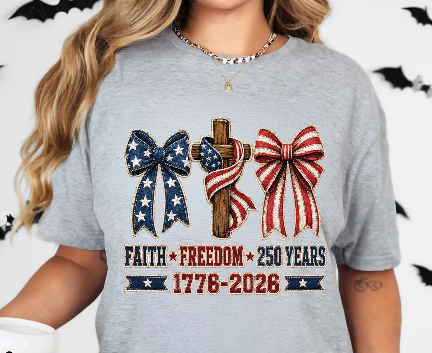 Christian USA 250 Years T Shirt Faith Freedom 1776 2026 Cross Bows Tee Patriotic 4th of July Coquette Apparel US Anniversary Tops