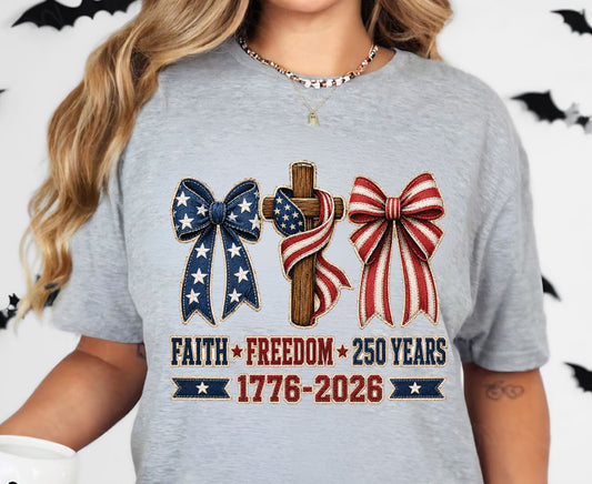 Christian USA 250 Years T Shirt Faith Freedom 1776 2026 Cross Bows Tee Patriotic 4th of July Coquette Apparel US Anniversary Tops