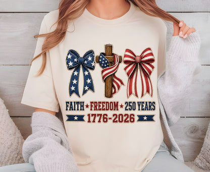 Christian USA 250 Years T Shirt Faith Freedom 1776 2026 Cross Bows Tee Patriotic 4th of July Coquette Apparel US Anniversary Tops