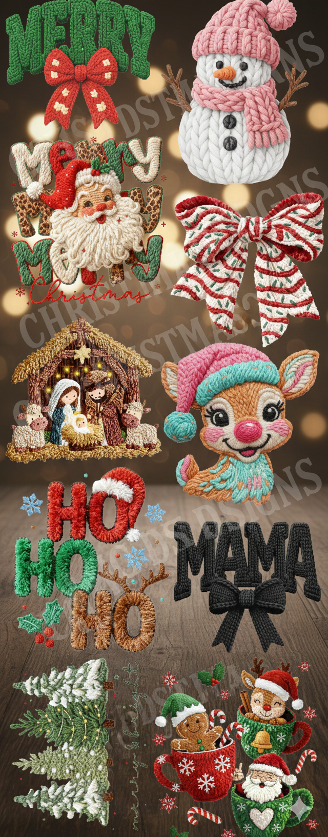 Christmas Yarn DTF Transfer Gang Sheet Ho Ho Ho Reindeer Snowman Baby Jesus Christian Nativity Direct to Film