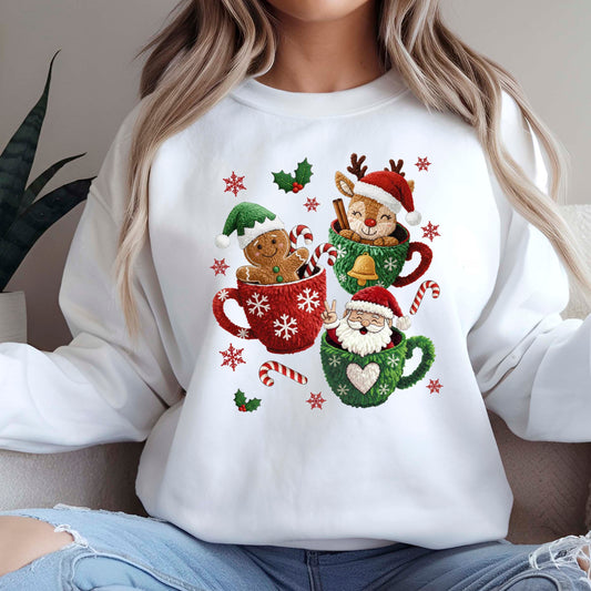 Christmas Mugs Faux Yarn Hot Cocoa Sweatshirt, Trendy Christmas Shirt, Latch Hook Yarn Youth Sweater Shirts
